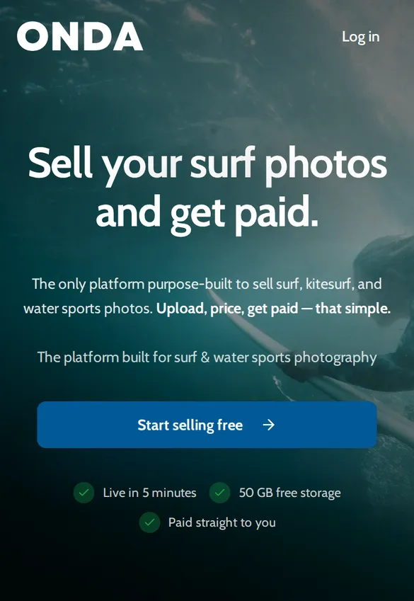 ONDA page Sell your surf photos and get paid, with a Start selling free button