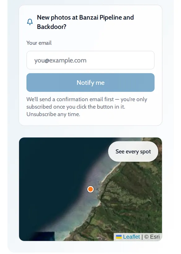 ONDA Notify me box for new photos at Banzai Pipeline and Backdoor, above a map of the spot