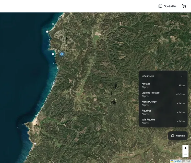 ONDA spot atlas near Arrifana with a Near you list of Arrifana, Lage do Pescador, Monte Clerigo, Figueiros and Vale Figueira