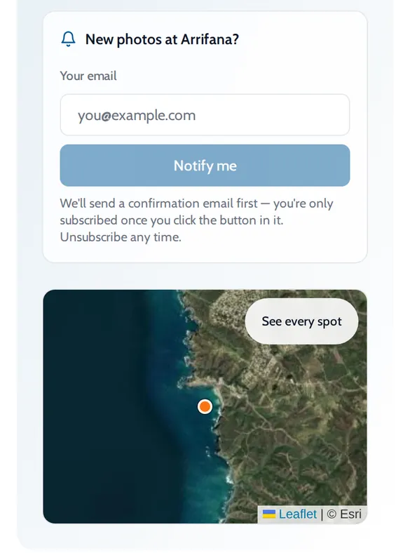 ONDA Notify me box for new photos at Arrifana, above a map of the spot
