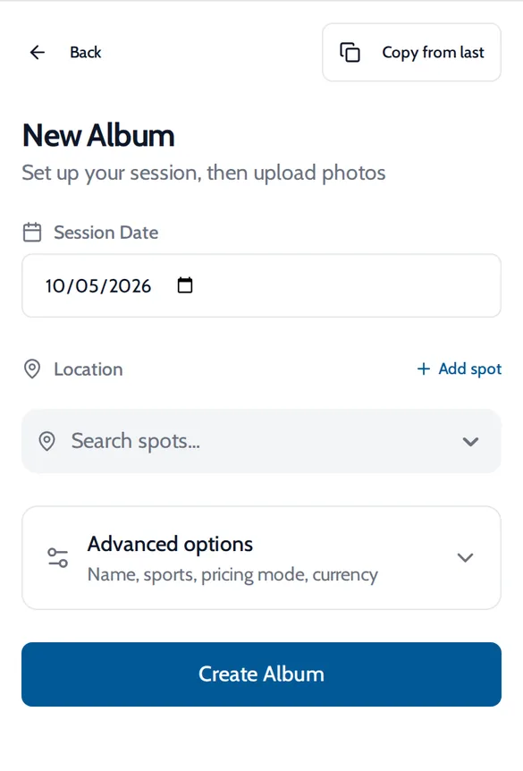 Onda New Album form with the session date and location fields