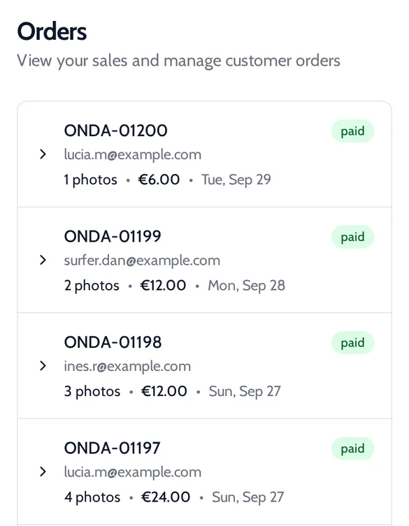 Onda Orders list with paid orders, the number of photos and the amount for each