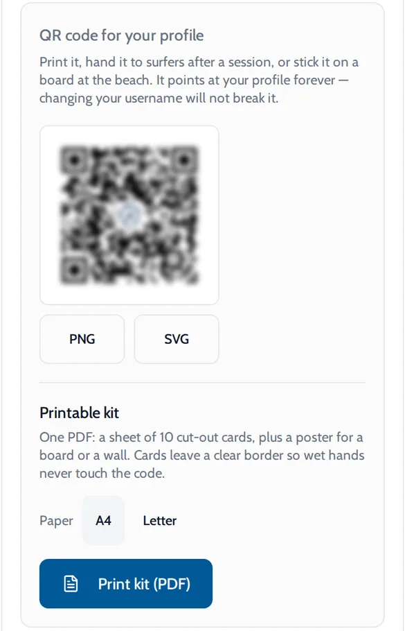 Onda QR code card for a photographer profile, with PNG and SVG downloads and a printable card kit
