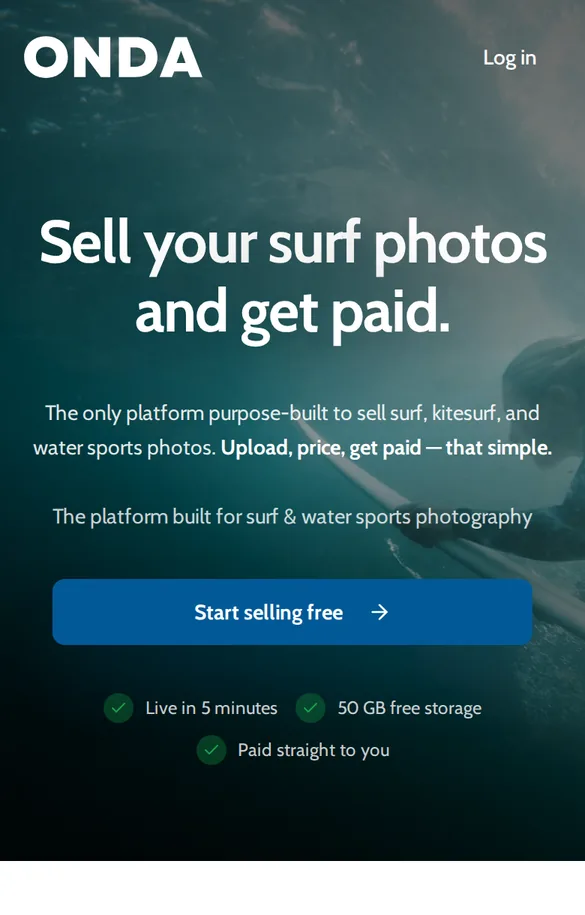 ONDA sell page: Sell your surf photos and get paid, with a Start selling free button
