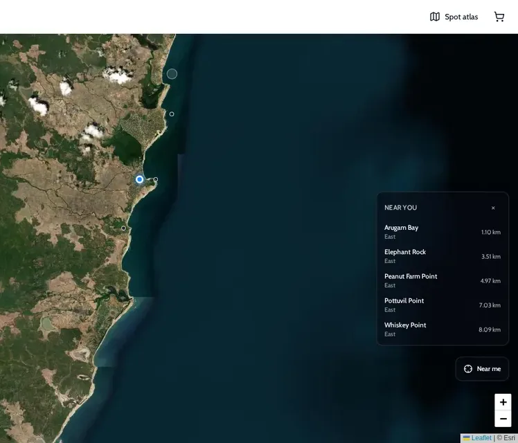 ONDA spot atlas at Arugam Bay with a Near you list of Arugam Bay, Elephant Rock, Peanut Farm Point, Pottuvil Point and Whiskey Point