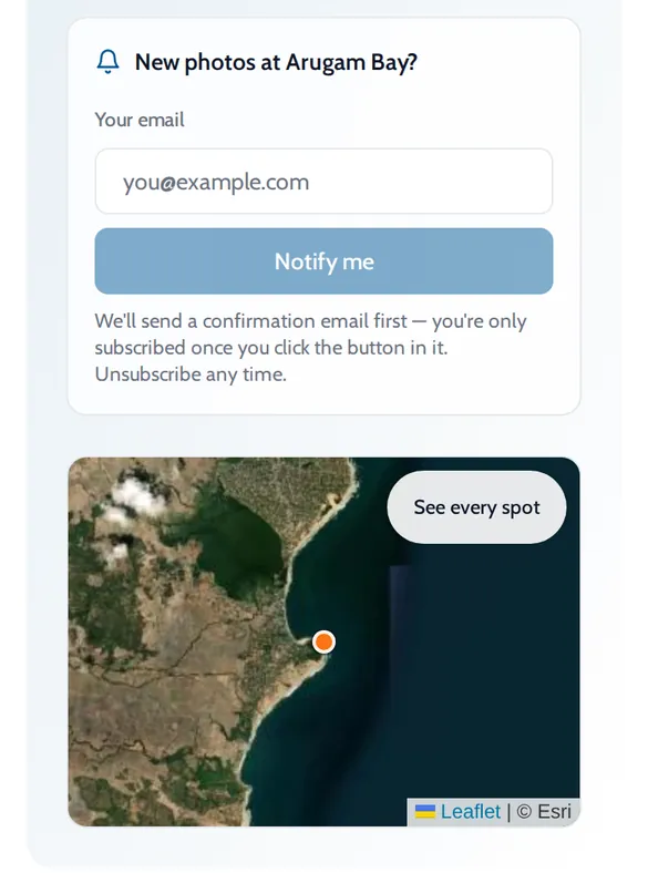 ONDA Notify me box for new photos at Arugam Bay, above a map of the spot