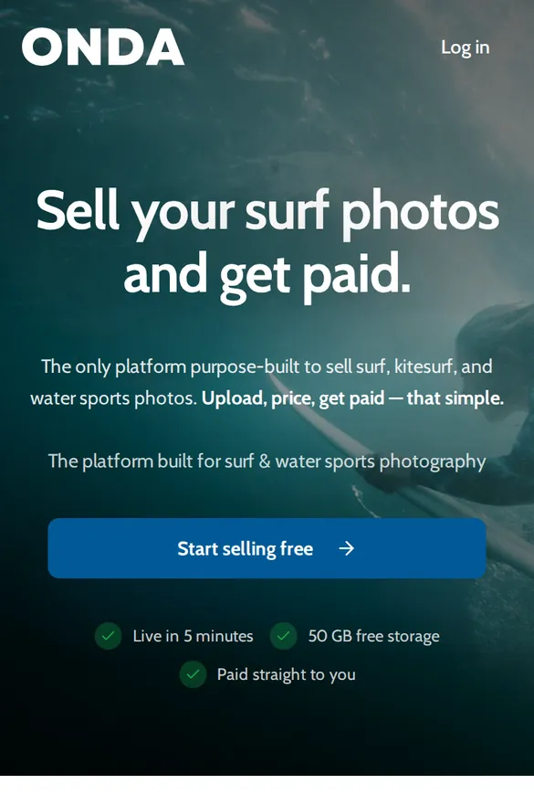 Onda page titled Sell your surf photos and get paid on a phone, with a Start selling free button