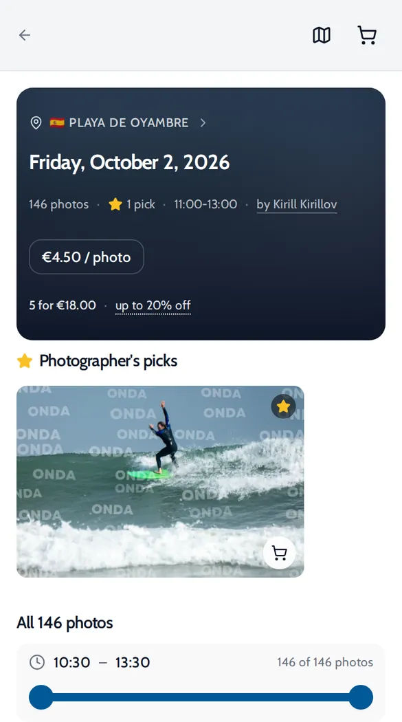 Onda album page for Playa de Oyambre with the photographer picks shown above all 146 photos