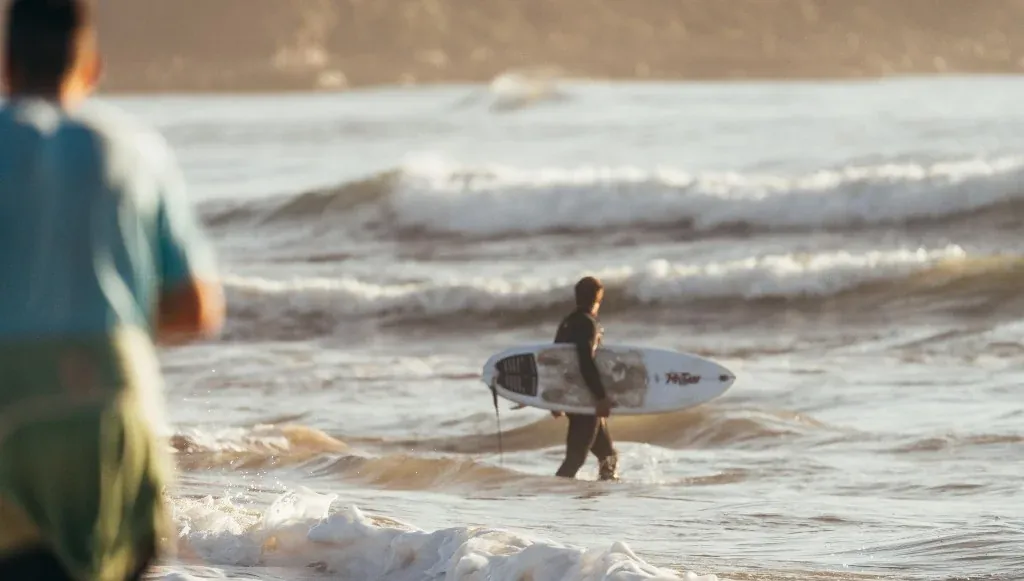 Surfer walking out of the shallows with a board in warm late-day light