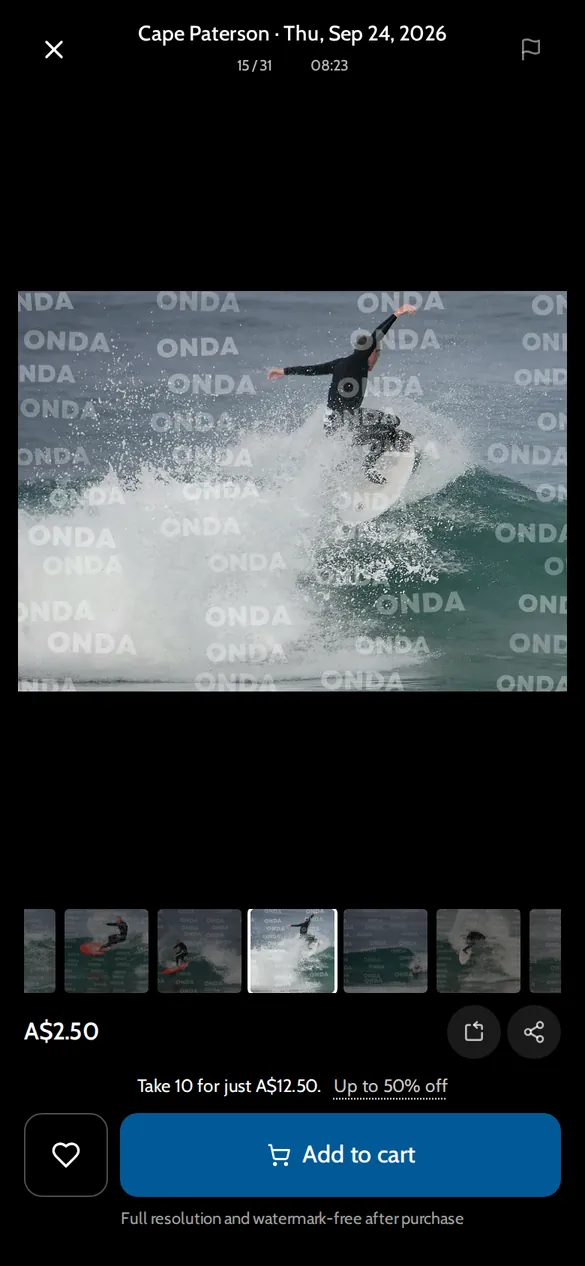 Onda photo viewer showing a surfer throwing spray on a top turn at Cape Paterson, with an Add to cart button