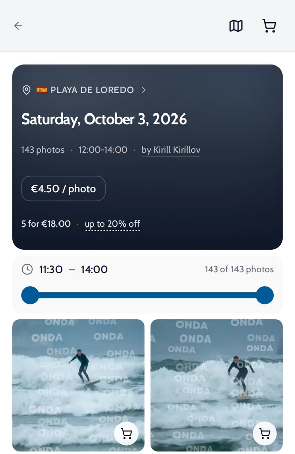 Onda album page for Playa de Loredo on Saturday, October 3, 2026 with 143 photos by Kirill Kirillov
